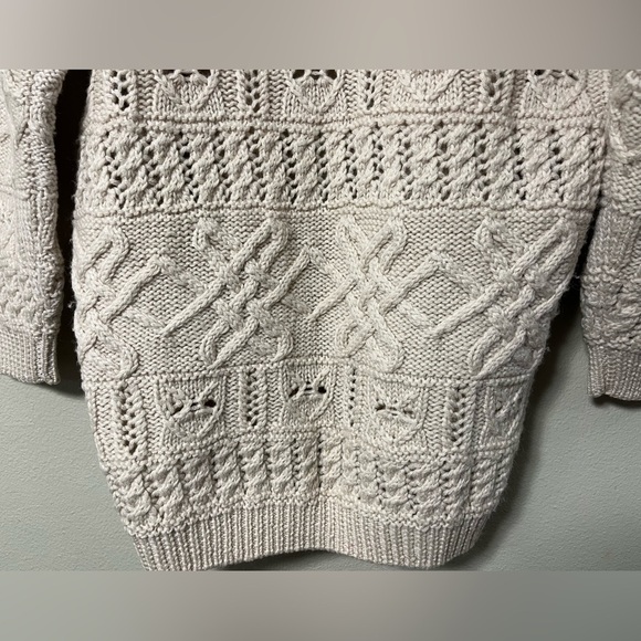 3D Cable Knit Fisherman Chamonix Cardigan Sweater Women L Cream Wool Heavy Cozy - Picture 3 of 8